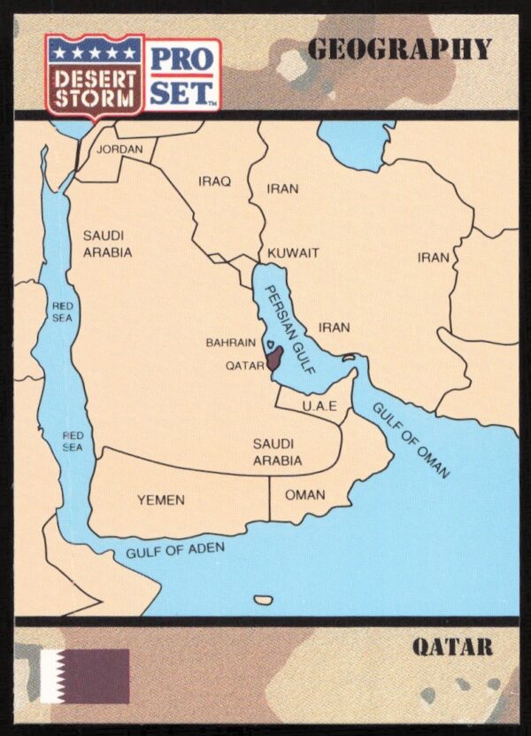 1991 Desert Storm card featuring Qatars role in the Gulf War, Pro Set #48 front.