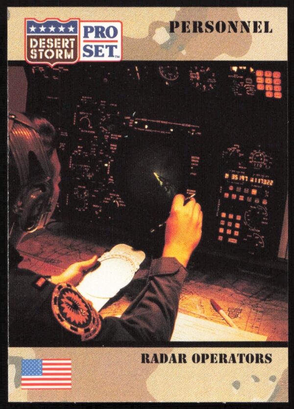 1991 Desert Storm trading card: Radar Operators, Pro Set #115, military personnel operating radar.