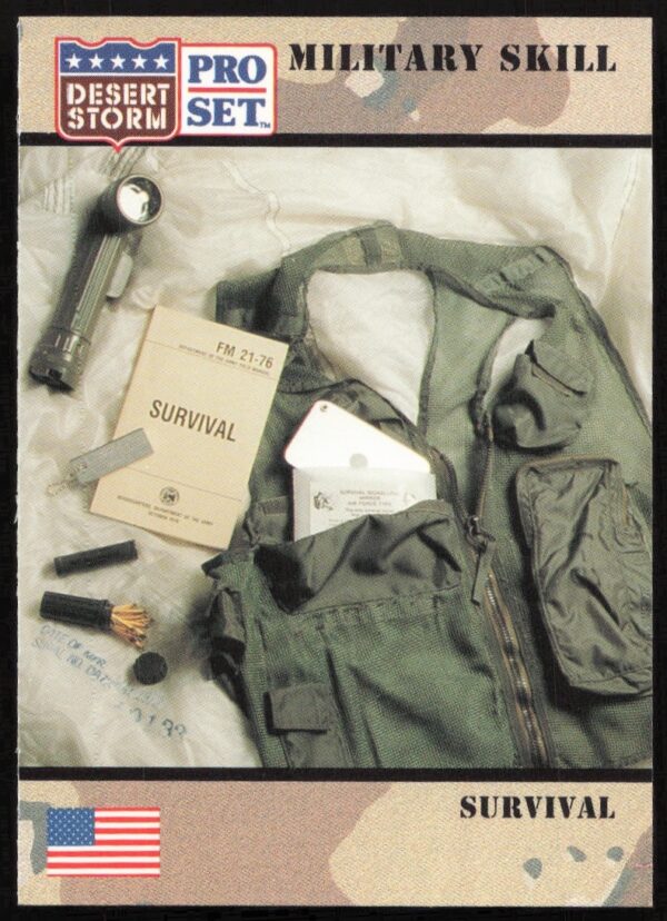 1991 Desert Storm card featuring military survival strategies from the Gulf War era.