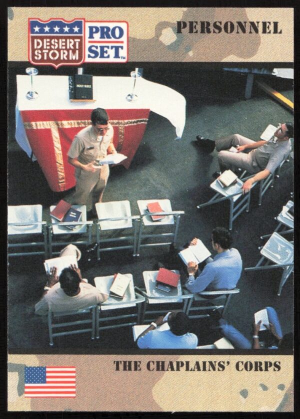 1991 Pro Set Desert Storm Chaplain Corps Trading Card #116, showcasing Gulf War support roles.