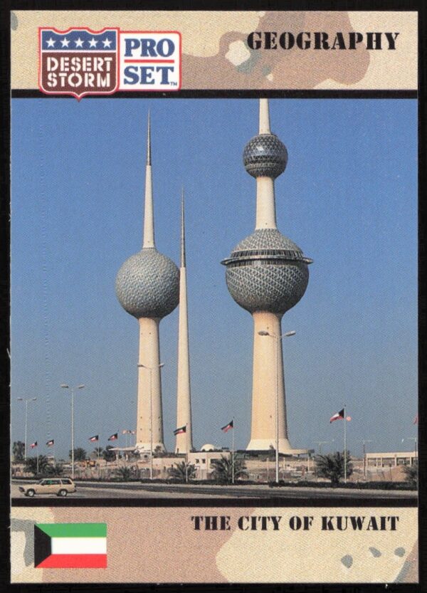 1991 Pro Set Desert Storm trading card showcasing Kuwait Citys historical Gulf War imagery.