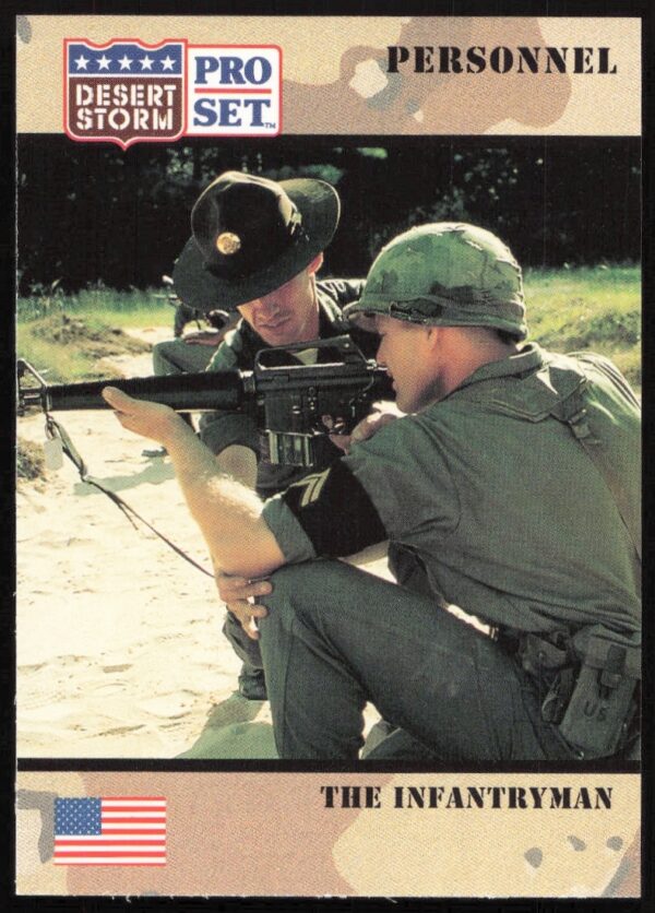 1991 Desert Storm Infantryman card, showcases soldiers bravery in the Gulf War, #117 collectible.