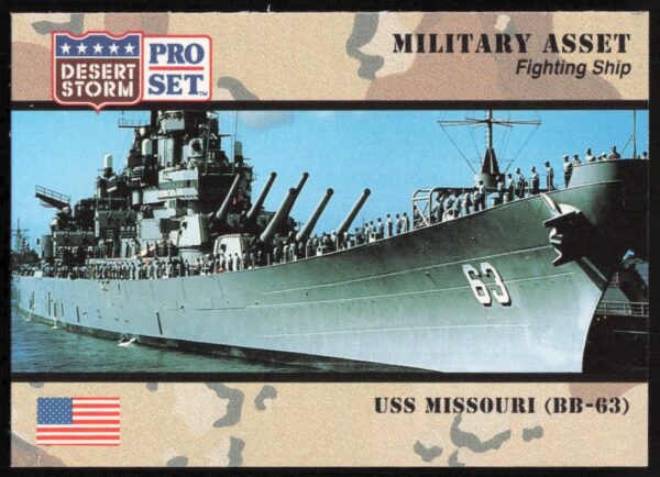 Front of 1991 Desert Storm trading card featuring USS Missouri BB-63, historical Gulf War battleship.