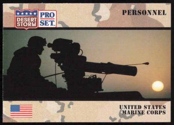 Desert Storm USMC Trading Card #121, 1991 Pro Set, featuring Marines in Gulf War gear.