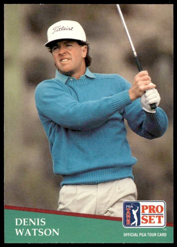 Denis Watson mid-swing, 1991 Pro Set PGA Tour Card #63, vibrant colors, focused expression.