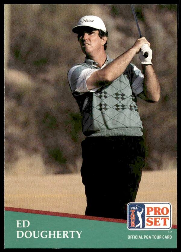 Front view of 1991 Pro Set PGA Tour Ed Dougherty card #184 with golf course backdrop.