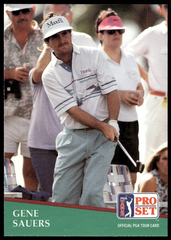 Gene Sauers 1991 Pro Set PGA Tour Card #13 features golfer mid-swing.