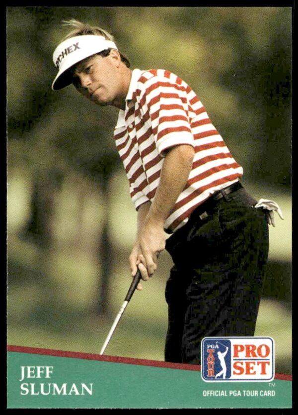 Jeff Sluman 1991 Pro Set PGA Tour golf card, action mid-swing, card #1.