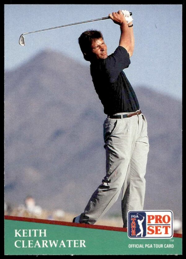 Keith Clearwater golfing, 1991 Pro Set PGA Tour card #119, mid-swing action shot.