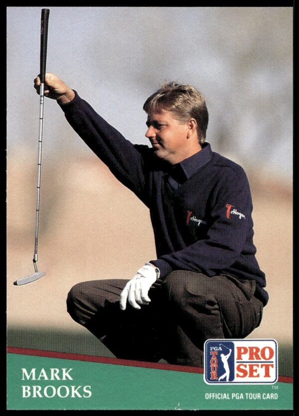 1991 Pro Set PGA Tour card of golfer Mark Brooks mid-swing.