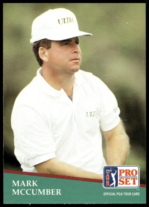 1991 Pro Set PGA Tour Card #77 featuring golfer Mark McCumber mid-swing.