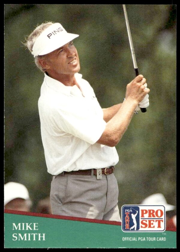 1991 Mike Smith PGA Tour trading card, featuring full swing on green course backdrop.