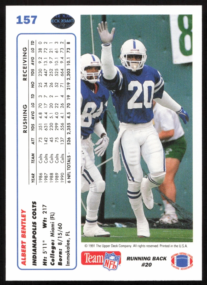 Albert Bentley 1991 Upper Deck card back, with stats, bio, and action image.
