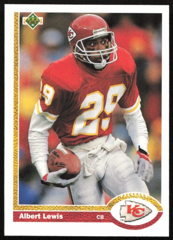Albert Lewis 1991 trading card in defensive stance, Upper Deck #128.