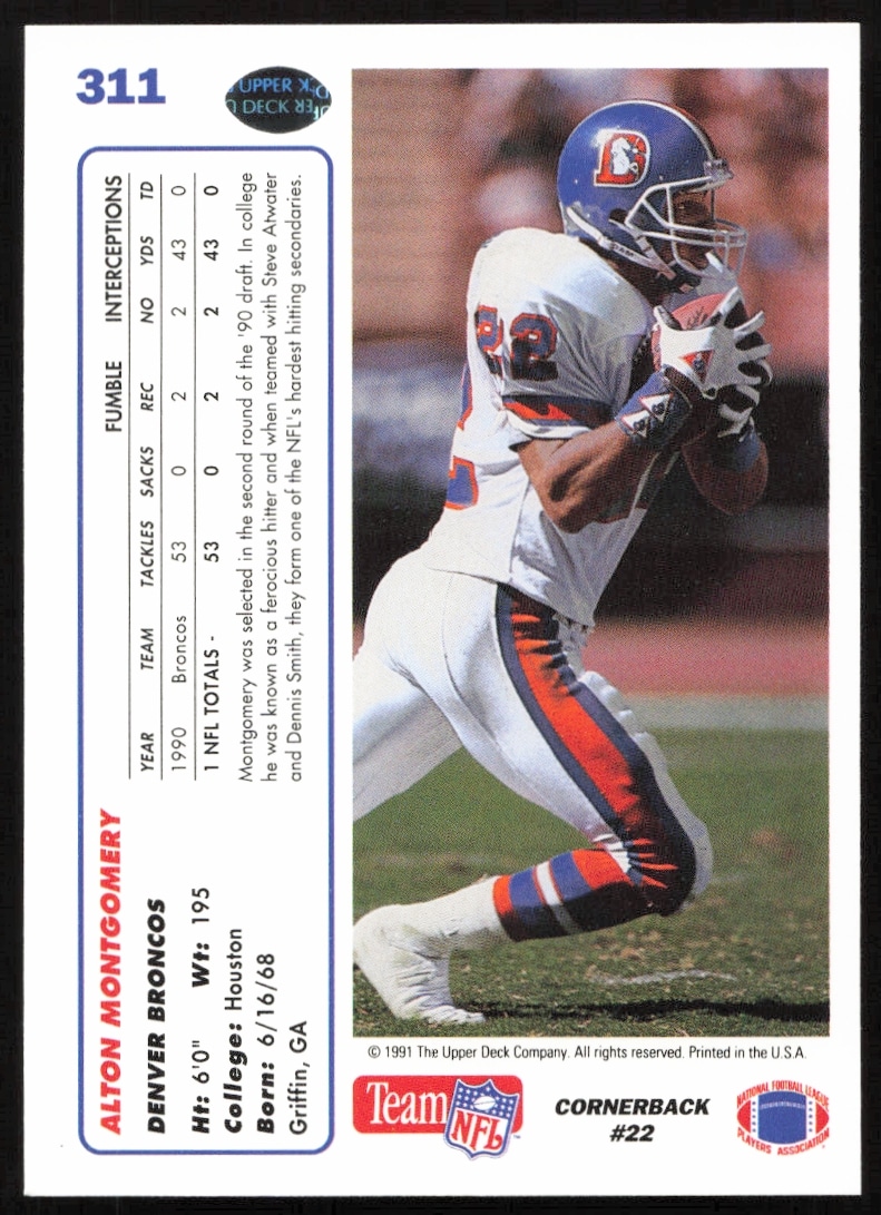 1991 Upper Deck Alton Montgomery card back with career stats and team history.