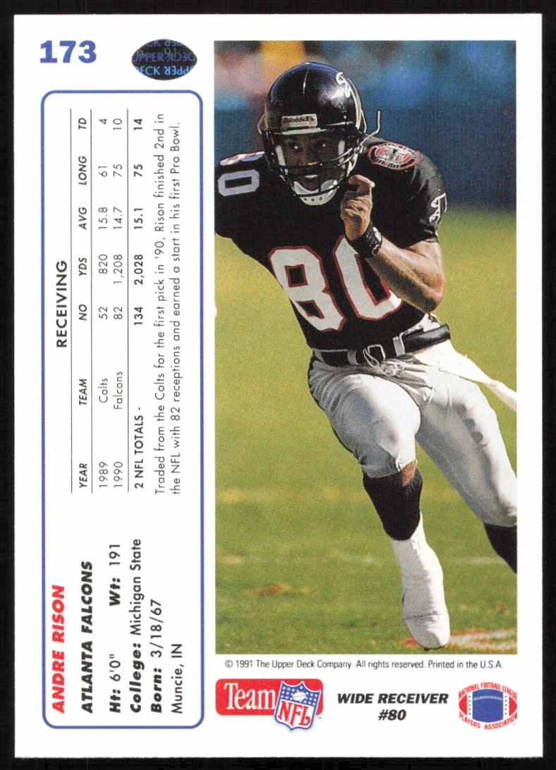 Andre Rison 1991 Upper Deck card #173 back, featuring career stats and highlights.