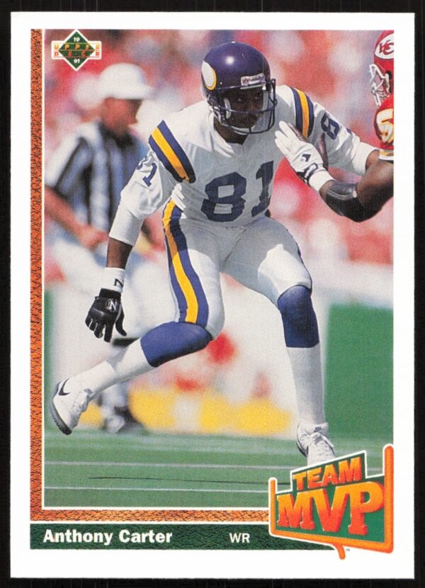 Anthony Carter 1991 Upper Deck Football Card #466, Wide Receiver, Team Colors, NFL Action.