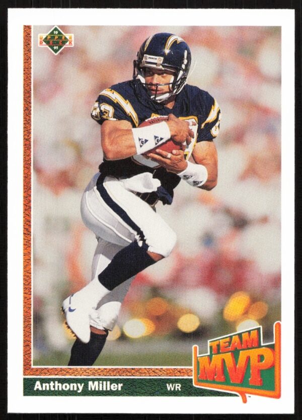 1991 Upper Deck Anthony Miller football card, No. 474, showcasing iconic football pose.