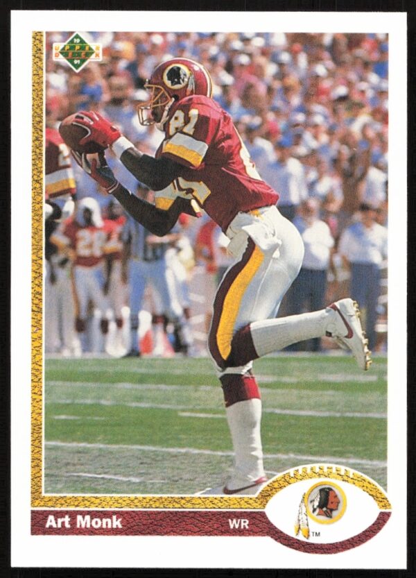 1991 Upper Deck card #123: Art Monk in-action, Washington Redskins wide receiver in iconic uniform.
