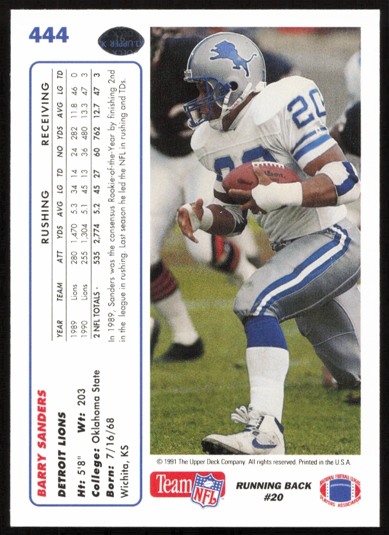 Back of 1991 Upper Deck Barry Sanders card #444 with stats and career highlights.