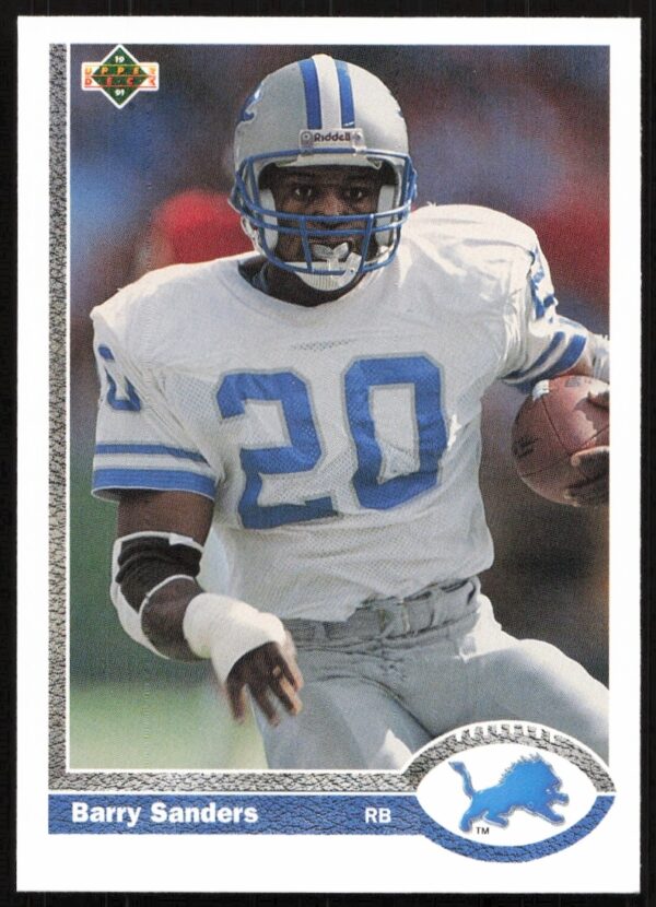 Barry Sanders 1991 Upper Deck #444 football card featuring iconic Detroit Lions action shot.