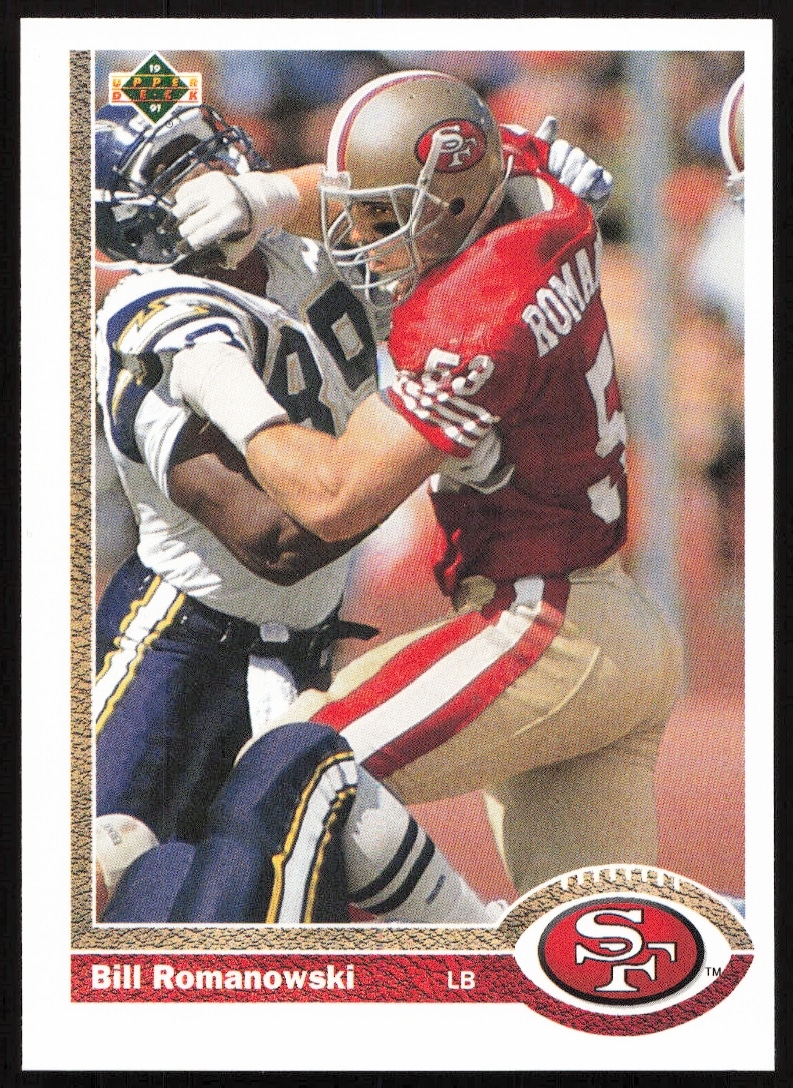 Bill Romanowski 1991 Upper Deck Football Card #576, featuring dynamic game action.