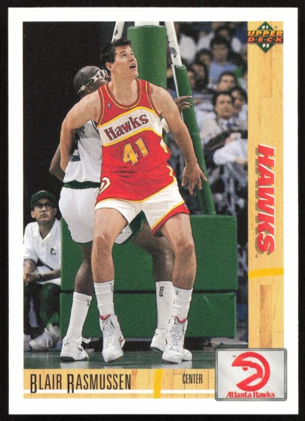 Blair Rasmussen 1991 Upper Deck card #498, front view, action shot on the court.