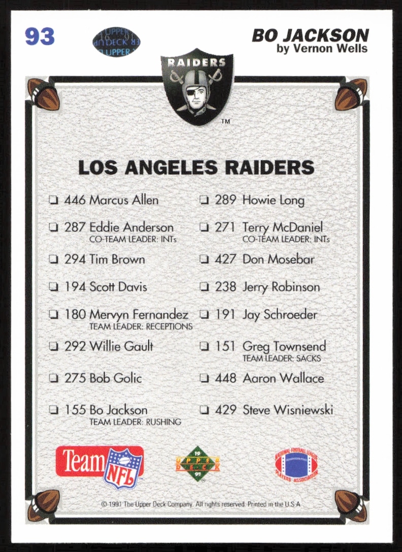 Bo Jackson 1991 Upper Deck card reverse with stats and biography.