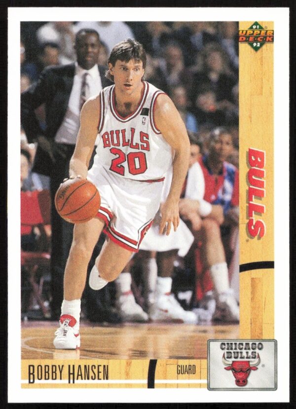 Bobby Hansen 1991 Upper Deck card #408, showing his basketball action in team uniform.