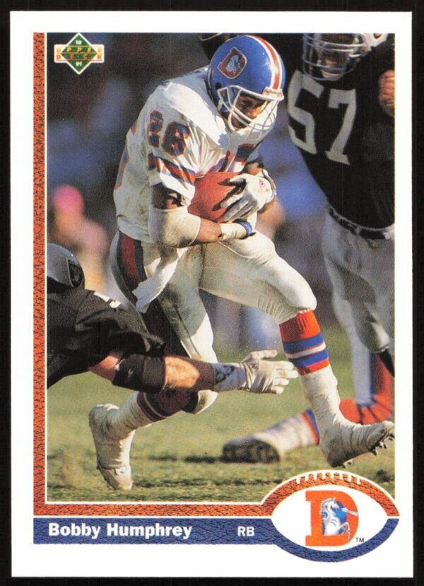 Bobby Humphrey 1991 Upper Deck card #142, Denver Broncos, in-game action shot.