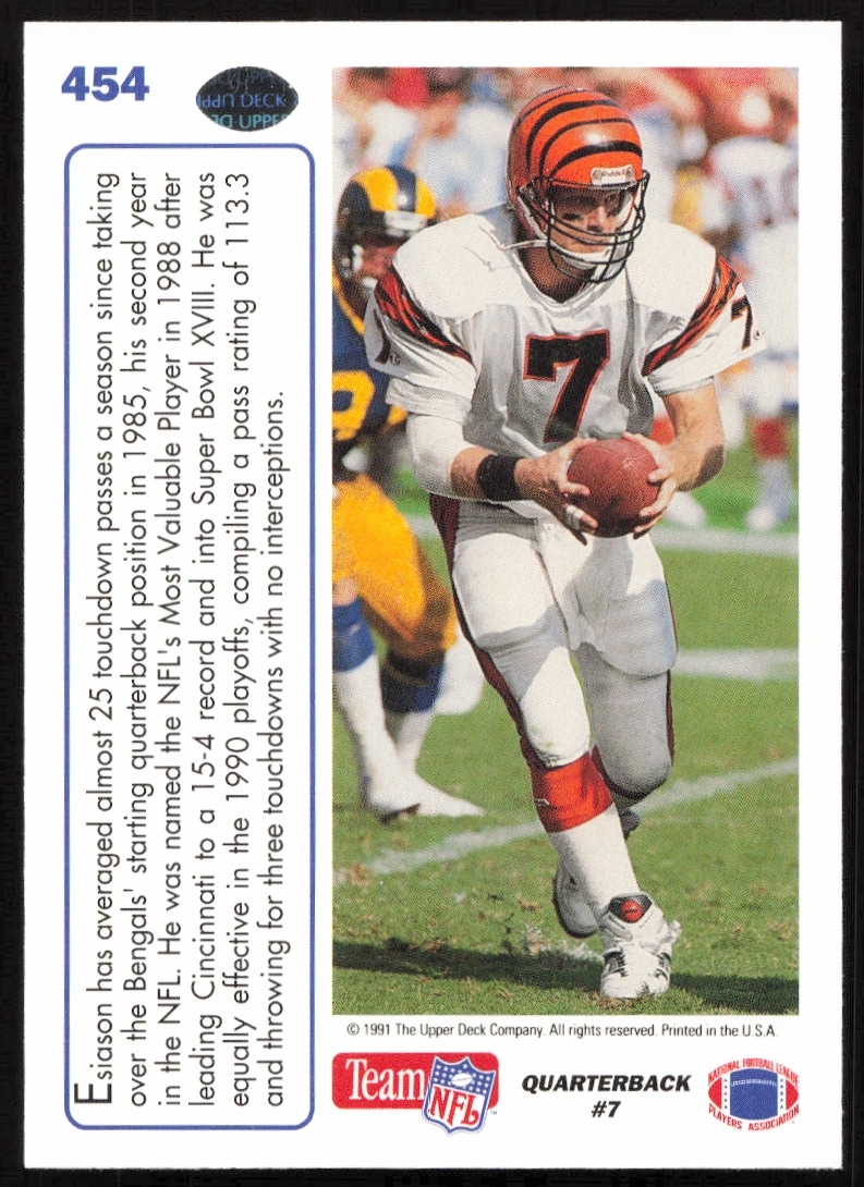 1991 Upper Deck Boomer Esiason card back with career stats and highlights.
