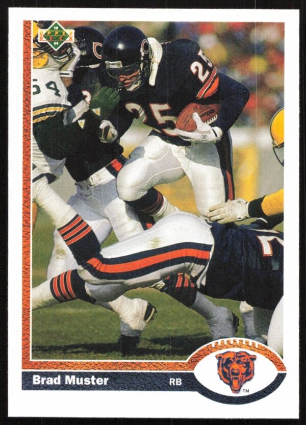 Chicago Bears fullback Brad Muster 1991 Upper Deck card #208 in action shot.