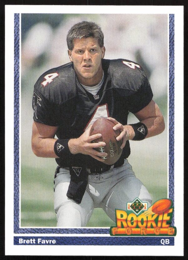 Front of 1991 Upper Deck Brett Favre rookie card #647 in football stance.