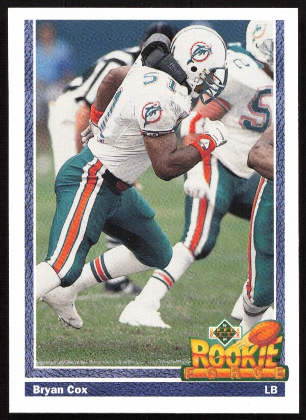 Vintage 1991 Upper Deck Bryan Cox football card, #607, NFL action pose.