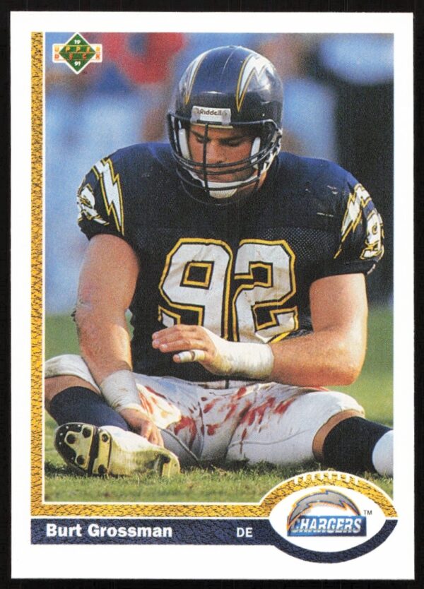 1991 Upper Deck Burt Grossman football card, defensive end, action shot, card #108 front.