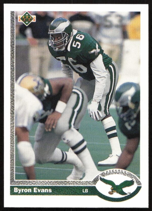 Front of Byron Evans 1991 Upper Deck football card #687, Philadelphia Eagles linebacker.