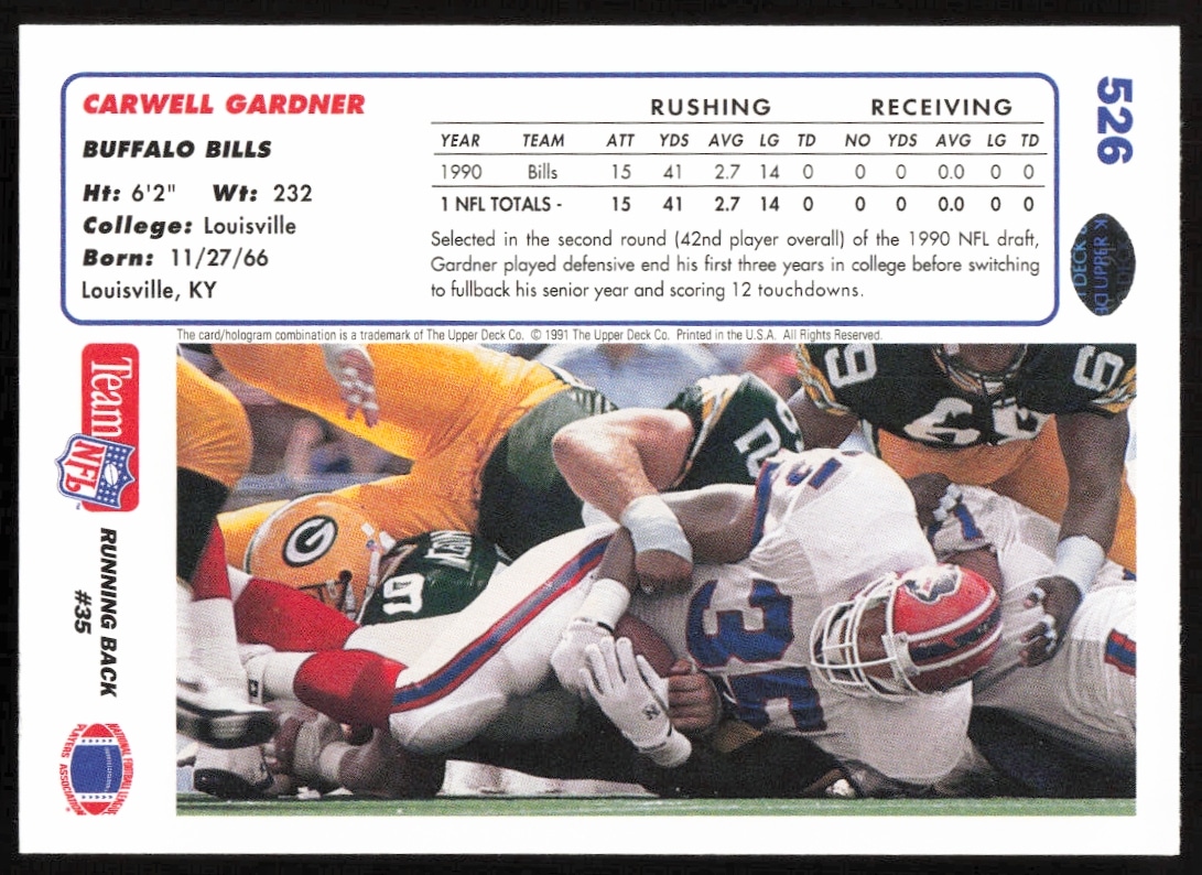 Carwell Gardner 1991 Upper Deck Football Card #526, featuring stats and career highlights (Back).
