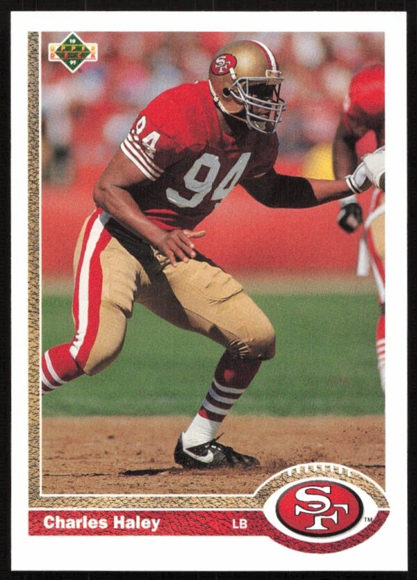 Charles Haley 1991 Upper Deck Football Card #353 showcasing his iconic defensive play.