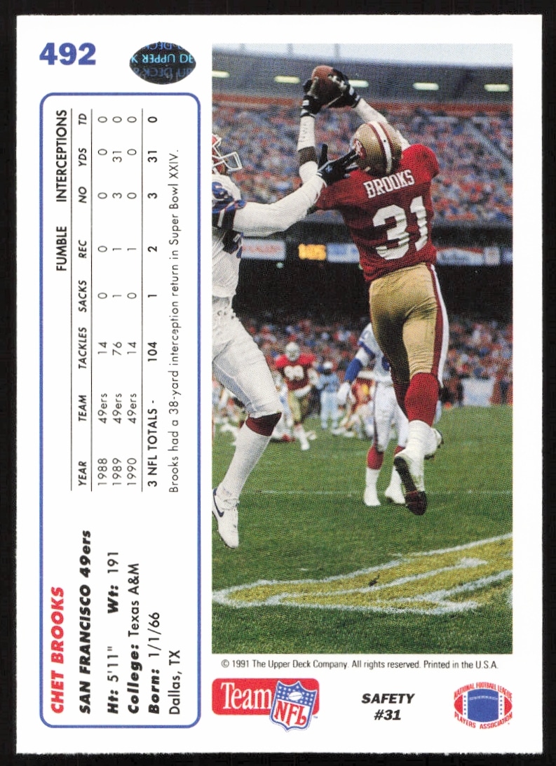 1991 Upper Deck Chet Brooks card #492 back, showcasing stats and career highlights.