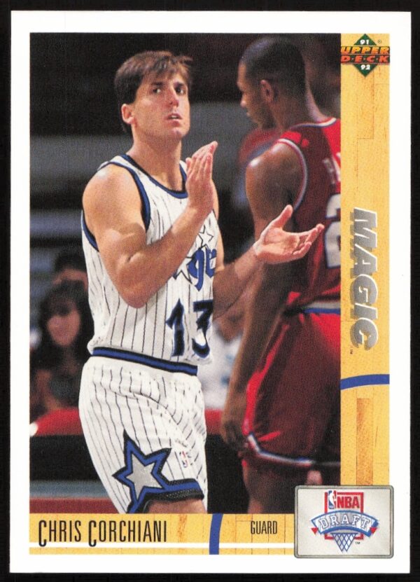 Chris Corchiani 1991 Upper Deck Card Front #17: Basketball action shot in team uniform.