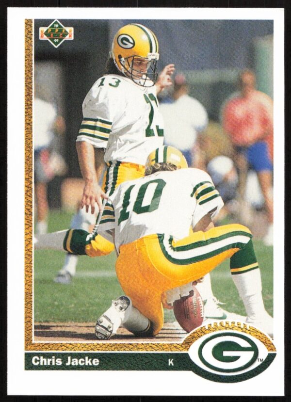 Chris Jacke 1991 Upper Deck Football Card #577, Green Bay Packers Kicker in Action.