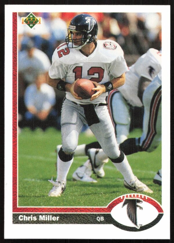 1991 Upper Deck Chris Miller #193, Atlanta Falcons QB card, action pass in-game.