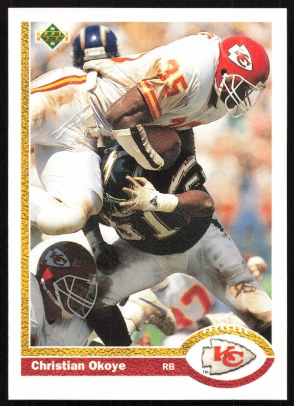 Christian Okoye 1991 Upper Deck football card #176, Kansas City Chiefs, action shot.