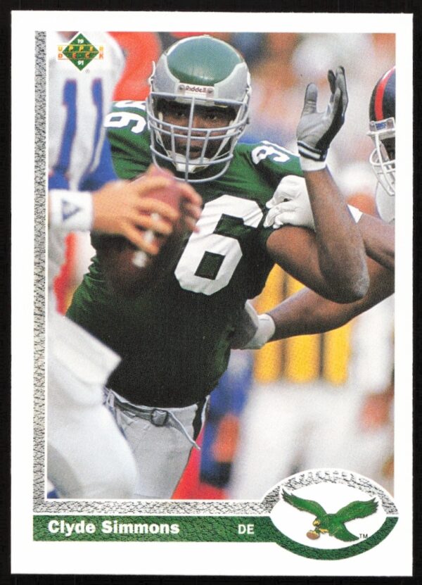 Clyde Simmons 1991 Upper Deck Eagles card #130, showcasing gameplay action and athletic skill.