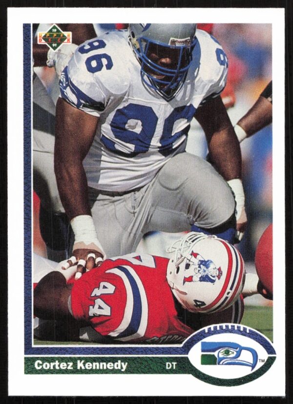 1991 Upper Deck Cortez Kennedy football card showing Seahawks tackle in action, card #491.