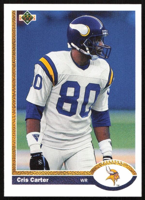 1991 Upper Deck Card #56 Cris Carter, showcasing a dynamic football action shot.