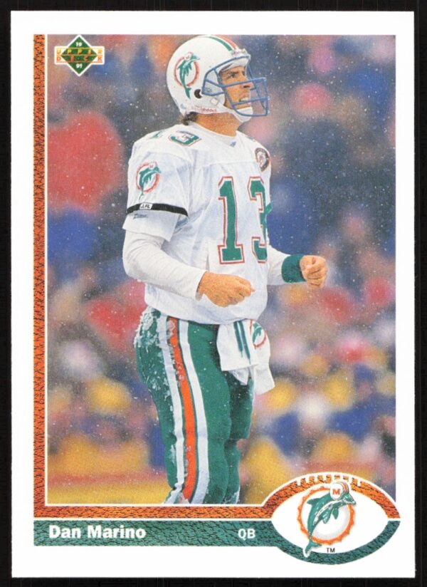 Dan Marino 1991 Upper Deck trading card #255, Miami Dolphins uniform, action shot.