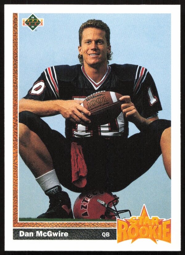 Front of 1991 Upper Deck card #7 featuring football player Dan McGwire in uniform.