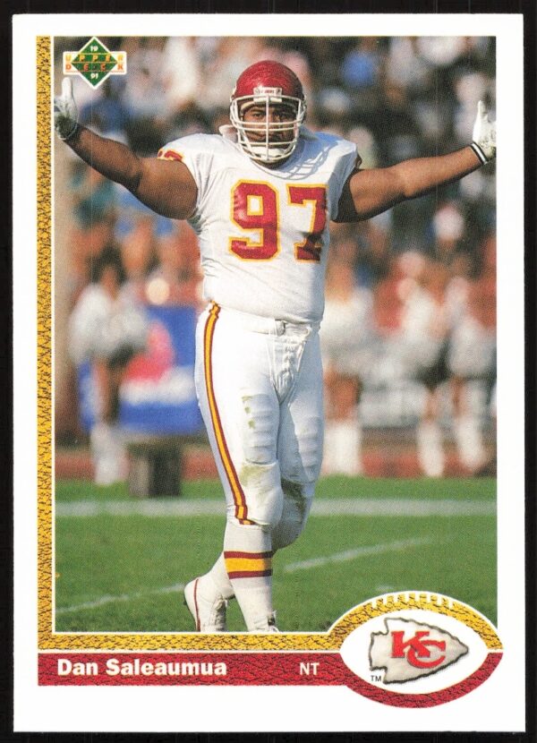 Dan Saleaumua 1991 Upper Deck Football Card #196, Kansas City Chiefs Nose Tackle Action Shot.