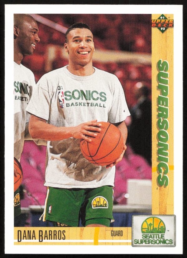 Dana Barros in Celtics uniform on 1991 Upper Deck basketball trading card, card #102.